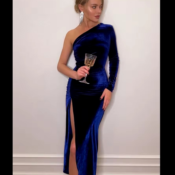 Women Elegant Long Sleeve Party Evening Velvet Bodycon Split Pencil Midi Dress - Picture 3 of 7